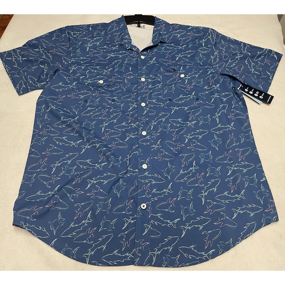 New Men's IZOD Sunshield Performance ShortSleeve Button DownShirt Sz Med Sharks